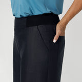 These linen pants feature a stretchy waistband crafted from bamboo jersey, providing extra flexibility and comfort around the waist. These workwear pants are a considered design, made for petite and plus sized woman in sizes 8 through to 24.