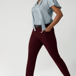 These women’s workwear pants in a rich wine colour are crafted from a luxe Scuba Crepe Jersey fabric, providing a soft textured feel with full body stretch for ultimate comfort and flexibility. Woman's tapered leg pants are a perfect workwear piece to any wardrobe for effortless style and flattering fit. Shop soft suiting collection from sizes 8-24.