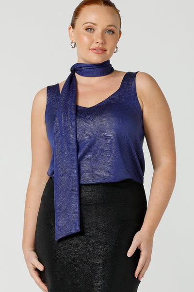A shimmering jersey neck tie in cobalt puts the finishing touch to matching cami top for an evening event look. Made in Australia by women's clothing and occasionwear brand, L&F.
