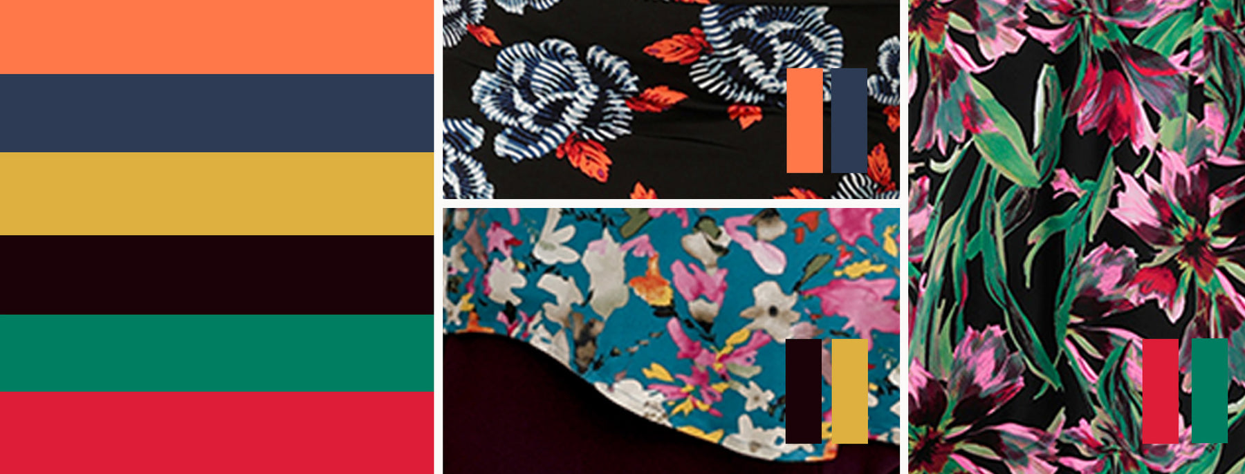 Complementary colour palettes for women's fashion, the images shows 3 floral print swatches in blue and orange, red and green and purple and yellow, used to make women's skirts, dresses and tops.