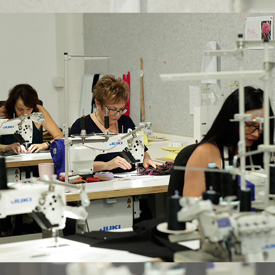 women sewing in the head office of made-in-Australia women's clothing label, Leina & Fleur.