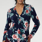 Elevate your everyday wardrobe with our Dakota Top – a versatile, flattering essential perfect for layering through the cooler months. Designed for both comfort and style, this women’s long sleeve top features our signature Vintage Rose print on a navy dry-touch jersey fabric. Our Dakota Top is an everyday shape fabulous for layering through the cooler months. Floral Blouse for Woman features navy base with pink, red, green and blue details.