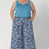 The Blue Hana print in shades of blue and white creates a striking yet subtle pattern, adding depth and texture to the design while remaining easy to style with a variety of tops or jackets. Australian-made and available in sizes 8-24, these pants are designed to fit and flatter a range of body types.