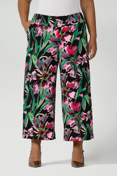 Crop in of floral print jersey, wide leg pants by Australian fashion brand, Leina & Fleur.