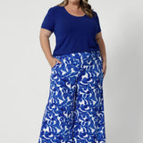 The wide-leg cut ensures a relaxed, flattering fit, while the stretch appeal offers added comfort and flexibility for all-day wear. Available in sizes 8-24, these Australian-made culottes are ideal for warm weather, keeping you cool and dry with their breathable fabric.