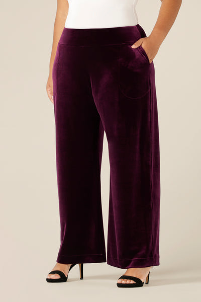 Slinky eveningwear pants make a good alternative for cocktail dress and occasionwear. Made in Australia by Australian and New Zealand women's clothing label, L&F, these straight-cut, wide leg pants in stretchy velour wear well with formal jackets or black cami tops, as shown here.