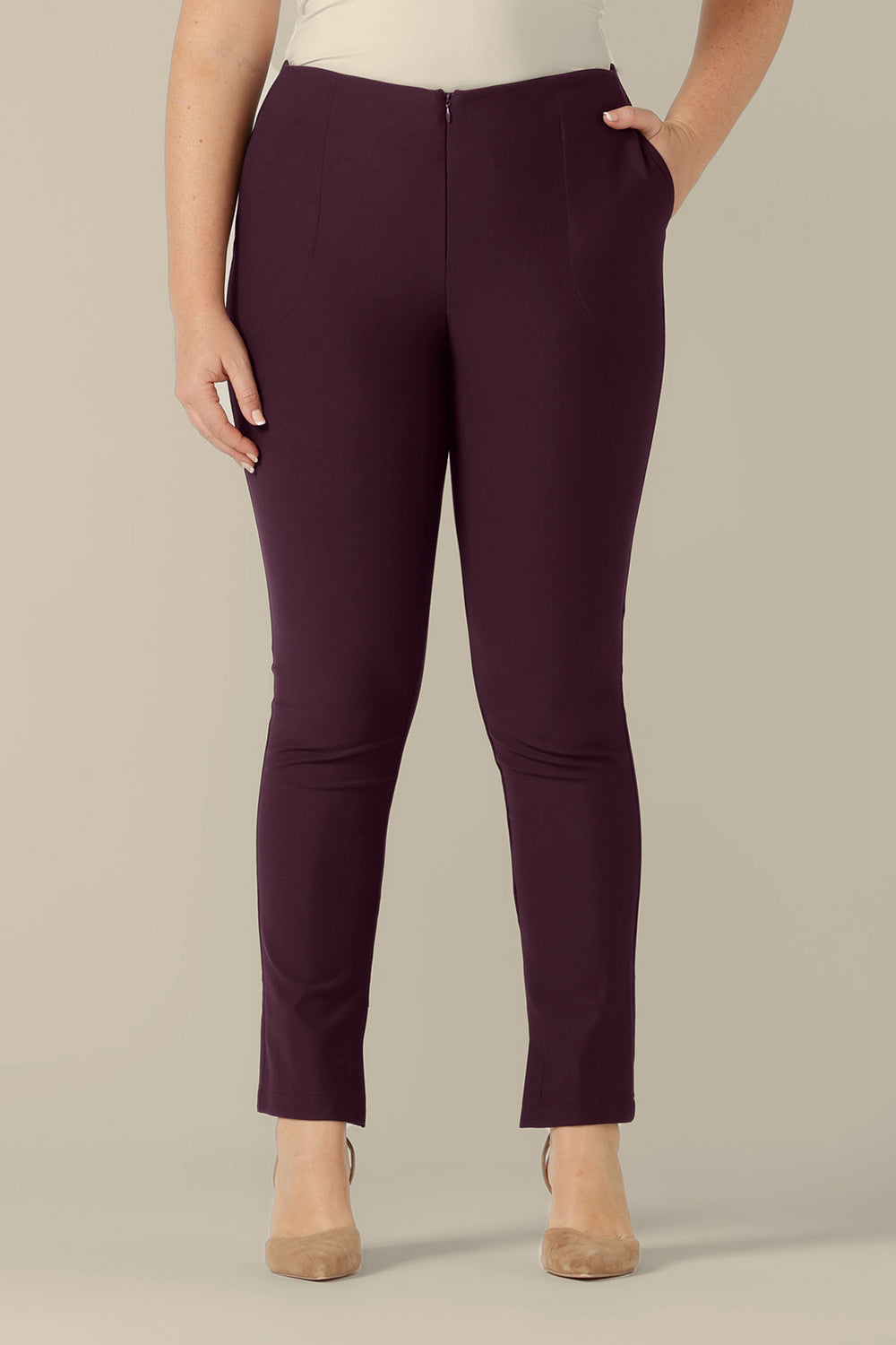 Mid-rise, slim leg pants in mulberry ponte jersey, size 12, by Australia and New Zealand women's clothing label, L&F. Good workwear pants, these comfortable trousers are made for an inclusive size range of sizes 8 to 24.