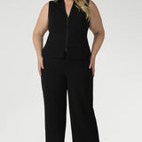 Black work wear pants. Easy care fabric used to craft pants is scuba crepe. Off duty pants provide breathable stretch and comfort. Australia Made for woman in Australia and New Zealand. 