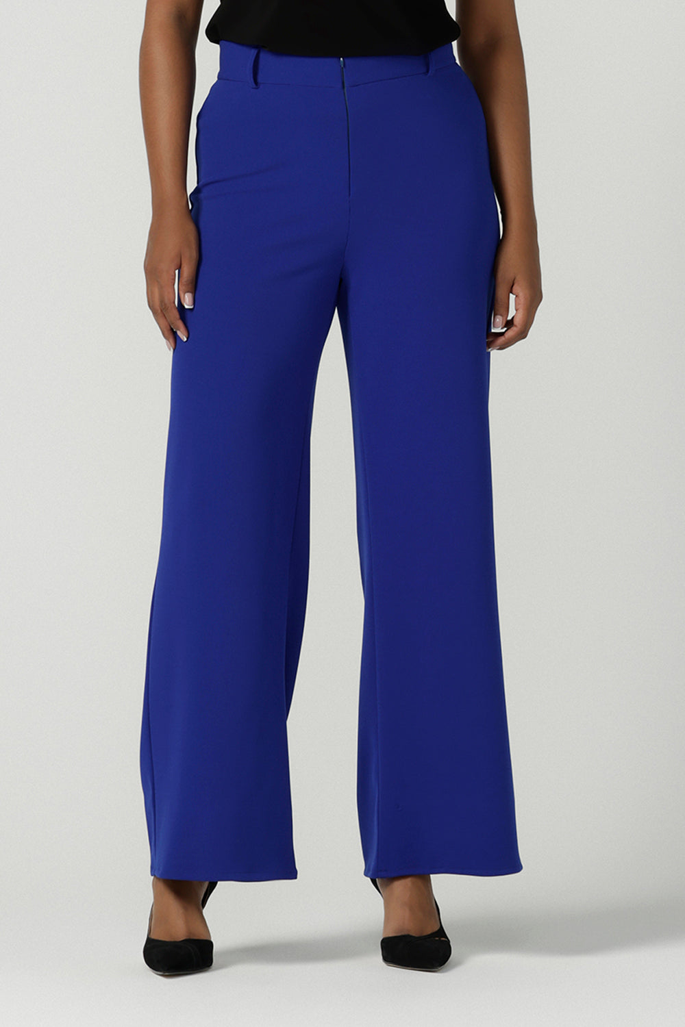 The Drew Pant in Cobalt Scuba Crepe with a wide leg Cobalt pant with a high waist that can be worn with the matching Blazer. Comfortable and easy care suit set for women. Size 8-24.