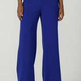 The Drew Pant in Cobalt Scuba Crepe with a wide leg Cobalt pant with a high waist that can be worn with the matching Blazer. Comfortable and easy care suit set for women. Size 8-24.