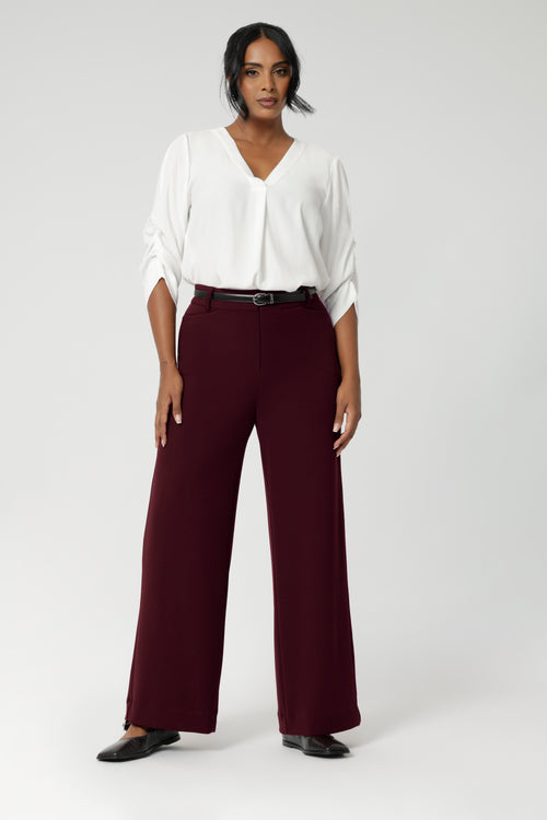 High waisted workwear pants for woman. Feature a straight leg cut that styles beautifully with blouses tucked in and belt for a high styled look. Pair it with the Merit Blazer for modern stretch suiting at its best.