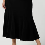 Australian Made Tiered Maxi Skirt in Black Jersey. Beautiful and comfortable workwear. Pictured on a size 18 curvy woman size inclusive fashion 8-24.