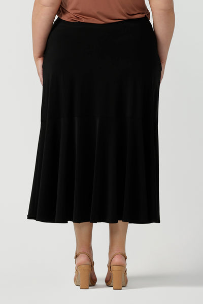Australian Made Tiered Maxi Skirt in Black Jersey. Beautiful and comfortable workwear. Pictured on a size 18 curvy woman size inclusive fashion 8-24.