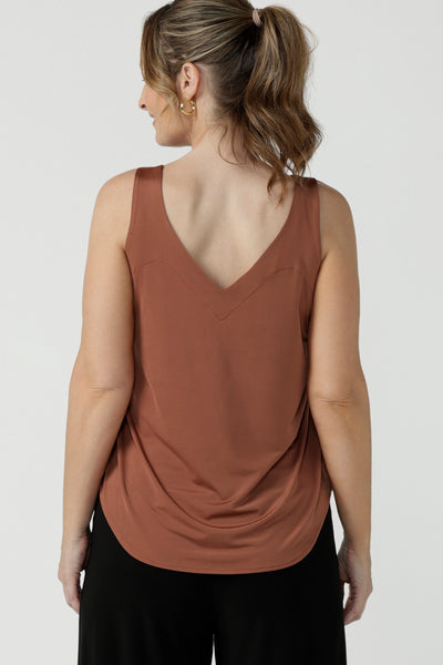 Back view of cami top for casual weekend wear or event dressing. Eddy Cami in Clay has wide shoulder straps, a soft V-neckline and loose fitting slinky jersey body. Made in Australia by Australian fashion brand, Leina & Fleur.
