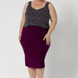 The cami is crafted in the stunning Harmony print, which features a navy dry-touch jersey base adorned with floral details in rich hues of magenta, mustard, blue, and vanilla. Available in sizes 8-24, this piece is an easy, stylish way to bring vibrant colour and a touch of floral charm to your summer wardrobe.