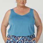 Size 18 woman wears the Eddy Cami top in Mineral is a curve friendly cami top with wide shoulder straps for bra strap coverage. Made in Australia for women size 8 - 24.