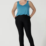 Size 12 Woman wearing the Eddy Cami in Mineral  with wide straps. Made in Australia for women size 8 - 24. Size 18 woman wears the Eddy Cami top in Mineral is a curve friendly cami top with wide shoulder straps for bra strap coverage. Made in Australia for women size 8 - 24.