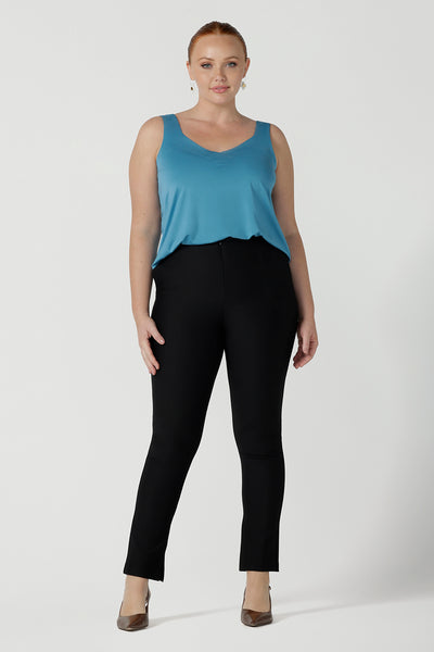 A size 12 a slim leg pant, black pants by Australian and New Zealand women's clothing brand, L&F. These comfortable work pants are worn with a Eddy cami in Mineral. Made in Australia for women size 8 - 24.