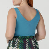 Back view of the Eddy Cami top in size 12 in Mineral is a curve friendly cami top with wide shoulder straps for bra strap coverage. Made in Australia for women size 8 - 24.