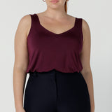 Eddy Cami top in Plum with wide straps. Made in Australia for women size 8 -24. style back with high waist Lulu pants in Navy. Soft tailored pants. 