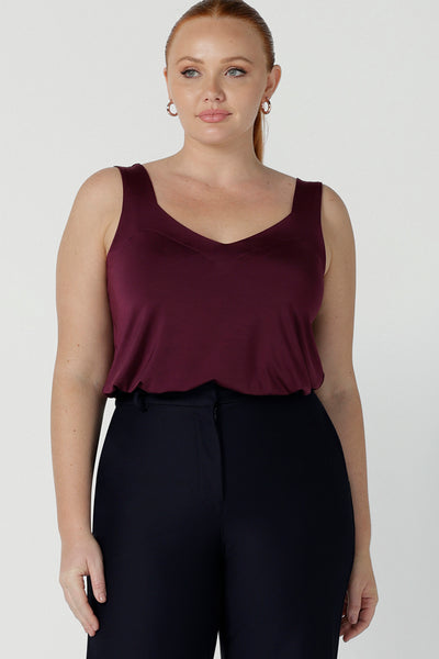 Eddy Cami top in Plum with wide straps. Made in Australia for women size 8 -24. style back with high waist Lulu pants in Navy. Soft tailored pants. 