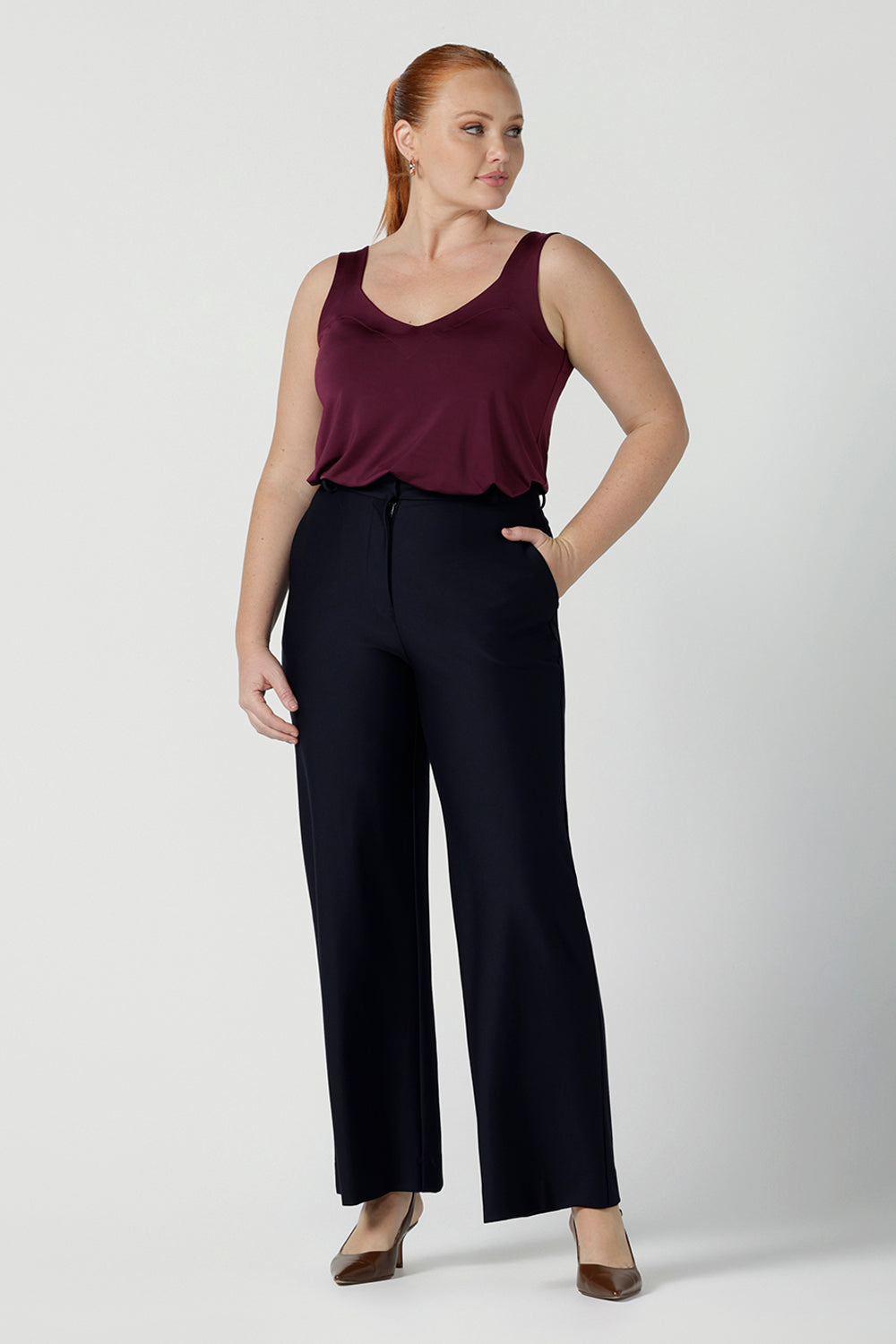 Eddy Cami top in Plum with wide straps. Made in Australia for women size 8 -24. style back with high waist Lulu pants in Navy. Soft tailored pants.