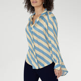 The elegant Blue Sky Stripe print blends soft sky blue and vanilla tones, delivering a fresh yet timeless look. Sizes 8-24