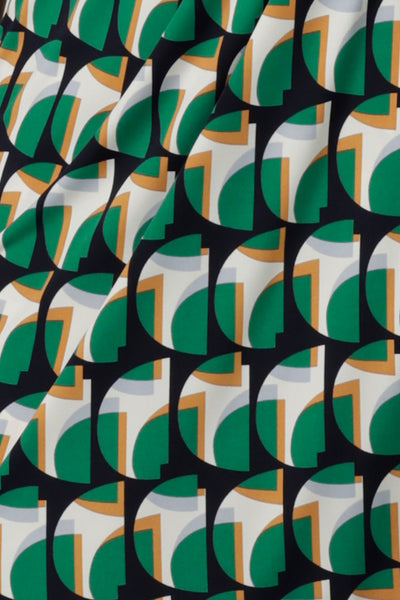 swatch of Australian and New Zealand fashion label L&F's Emerald Arches geometric print dry touch jersey fabric used to make women's wrap dresses and casual tops.