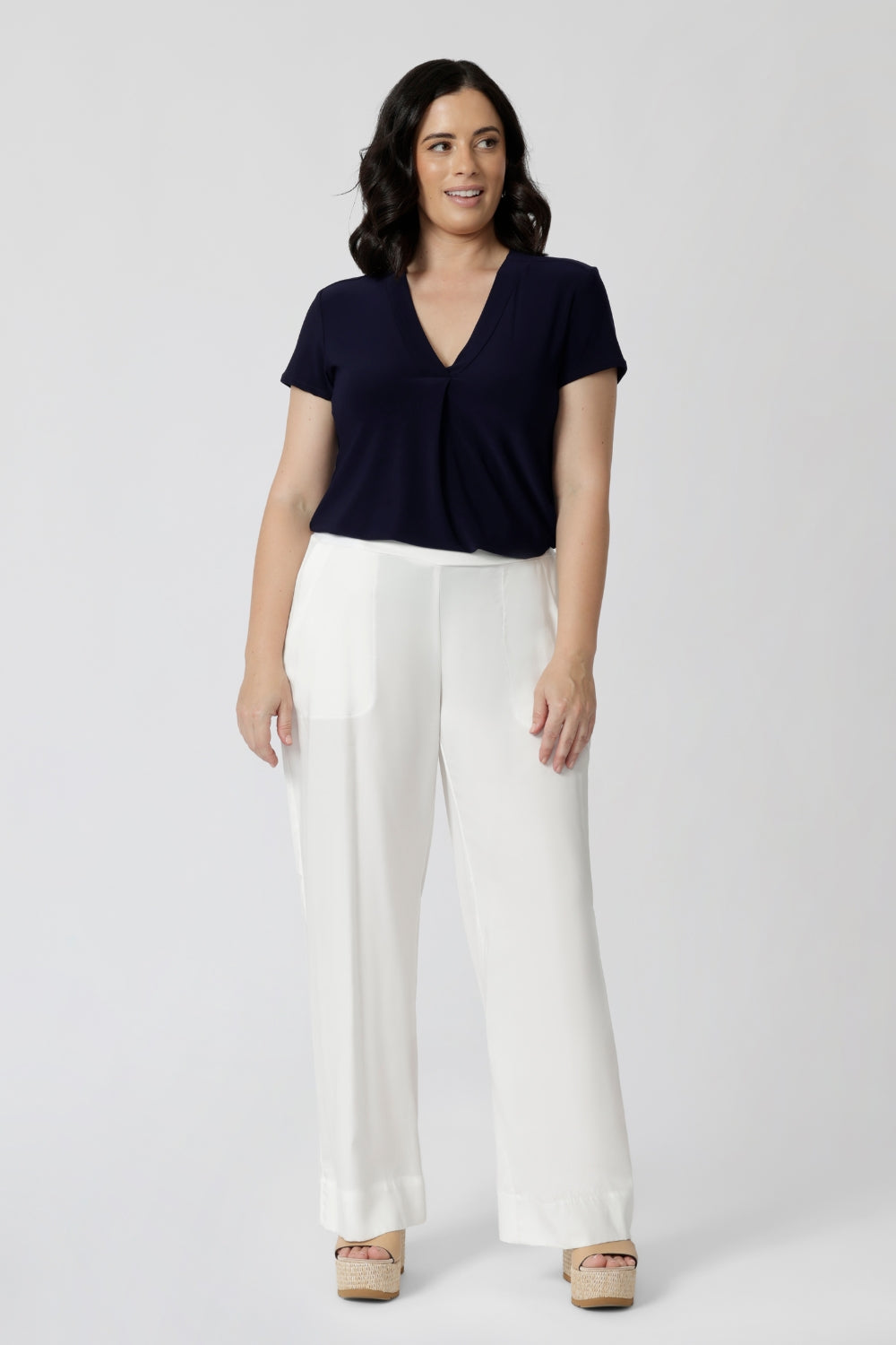  navy summer top worn with white pants