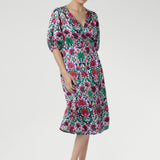 Esha Dress Elbow Sleeve in White Lotus Stretch Silk