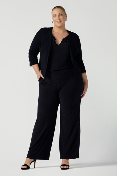open-fronted collarless tailored jacket for stylish corporate women. Styled with smart casual jumpsuit.