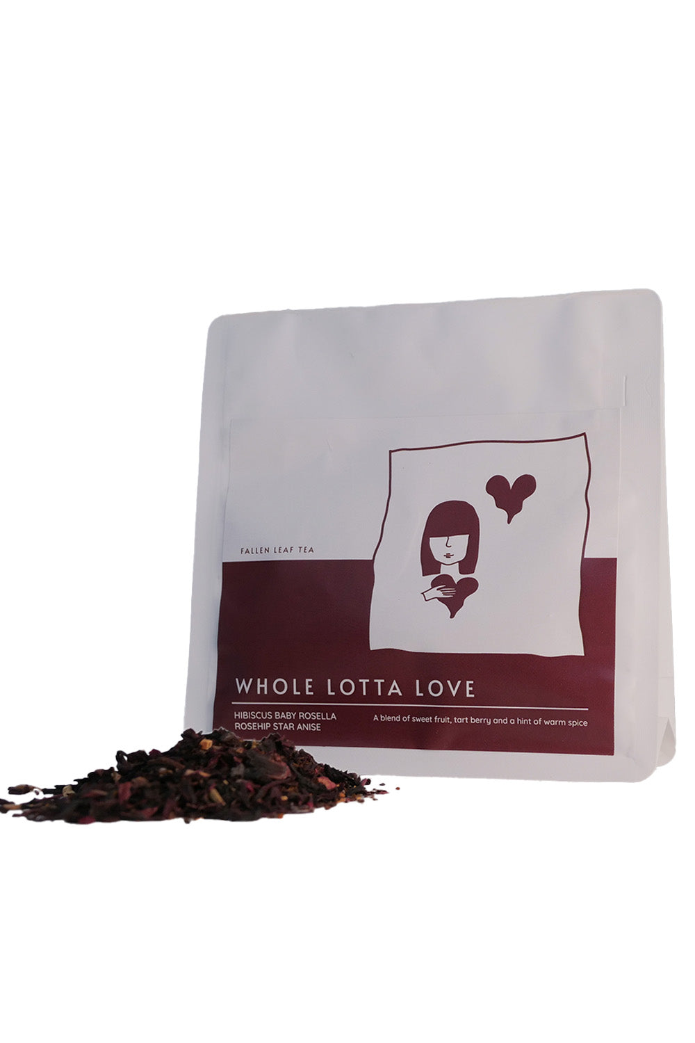 A bag of tea Hibiscus, Baby Rosella, Rosehip & Star Anise. A belnd of sweet fruit, tart berry and a hint of warm spice. 