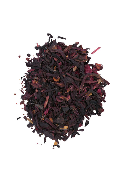 Tea leaves. Hibiscus, Baby Rosella, Rosehip & Star Anise. A belnd of sweet fruit, tart berry and a hint of warm spice.