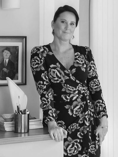 Founder of Australian andNew Zealand women's clothing label, L&F, Fleur Richardson wears a long sleeve jersey wrap dress in floral print.