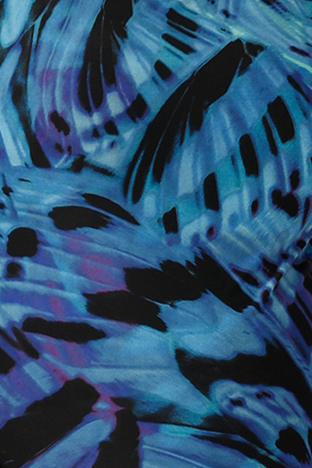 Digitally printed material in Flutter. Black base with blue and purple. Made in Australia for women size 8 - 24.