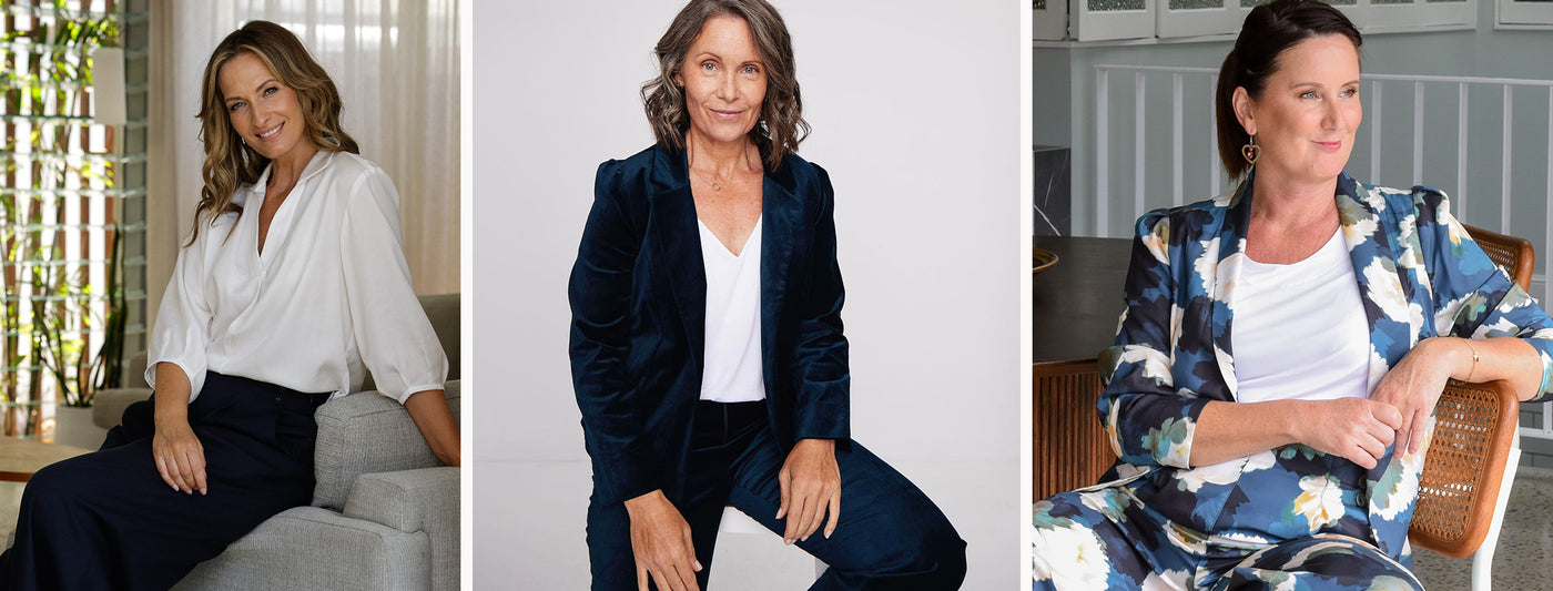An Australian fashion brand for women over 50, L&F's 50 plus style guide features 3 fifty plus women. One of the over 50 woman is wearing a sustainable white shirt and navy wide leg trousers. The 2nd over 50 woman wears a cocktail pant suit in green velveteen. The third over 50 woman wears a sustainable jacket in printed Tencell fabric with a white bamboo jersey top. 