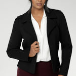 Size 10 woman wears the Garcia Jacket in Black. Tailored design with collar and comfortable stretch. Comfortable and stylish workwear for women. Size inclusive fashion and made in Australia for women size 8 - 24.