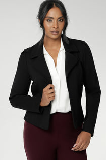 Size 10 woman wears the Garcia Jacket in Black. Tailored design with collar and comfortable stretch. Comfortable and stylish workwear for women. Size inclusive fashion and made in Australia for women size 8 - 24.