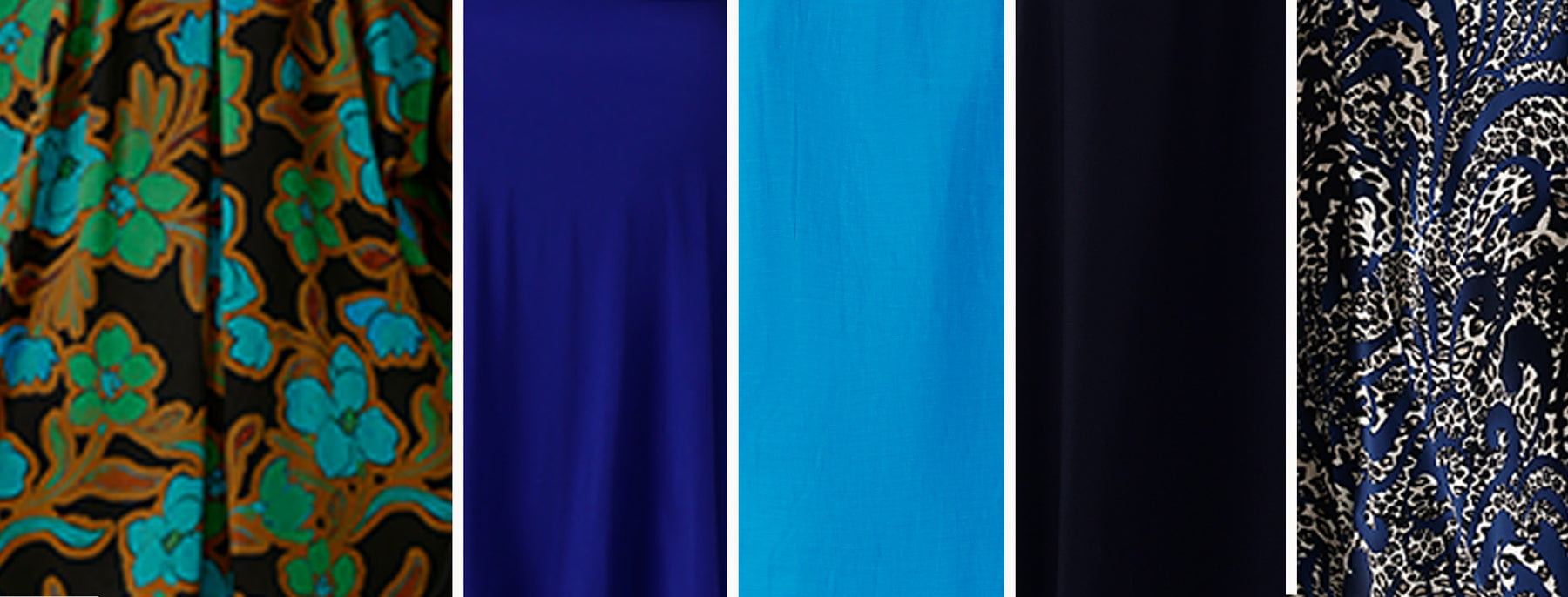 swatches of blue fabrics used by Australian women's clothing brand Leina & Fleur to make lightweight, breathable dresses, skirts, tops and jackets for women.