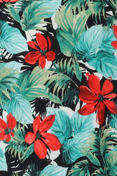 Havana print featuring a red flower. Tropical print soft slinky jersey made in Australia for women size 8 - 24.