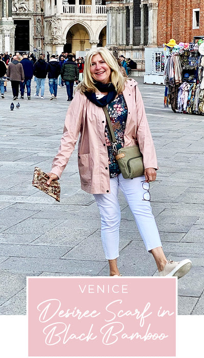 Loyal customer of Australian and New Zealand women's clothing label, L&F, Susan wears her bamboo jersey, black scarf and long sleeve floral print top on holiday in Venice, as part of her guide on what clothes to pack for the ultimate capsule travel wardrobe.