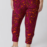 Close up of vibrant paisley printed pants. Pull-on style ensures a relaxed fit, making them easy care, easy wear pants. Leina & Fleur come stocked in two heights and in sizes 8-24.