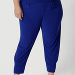 Close up image Indi Pants made by Australian fashion label Leina & Fleur. These easy care pants are made in many different colours and prints from high-quality dry-touch jersey, the fabric feels smooth and soft against the skin while offering the added benefits of stretch and breathability. Whether you're moving through your workday or running errands, these pants provide all-day comfort with a flattering fit that moves with you.