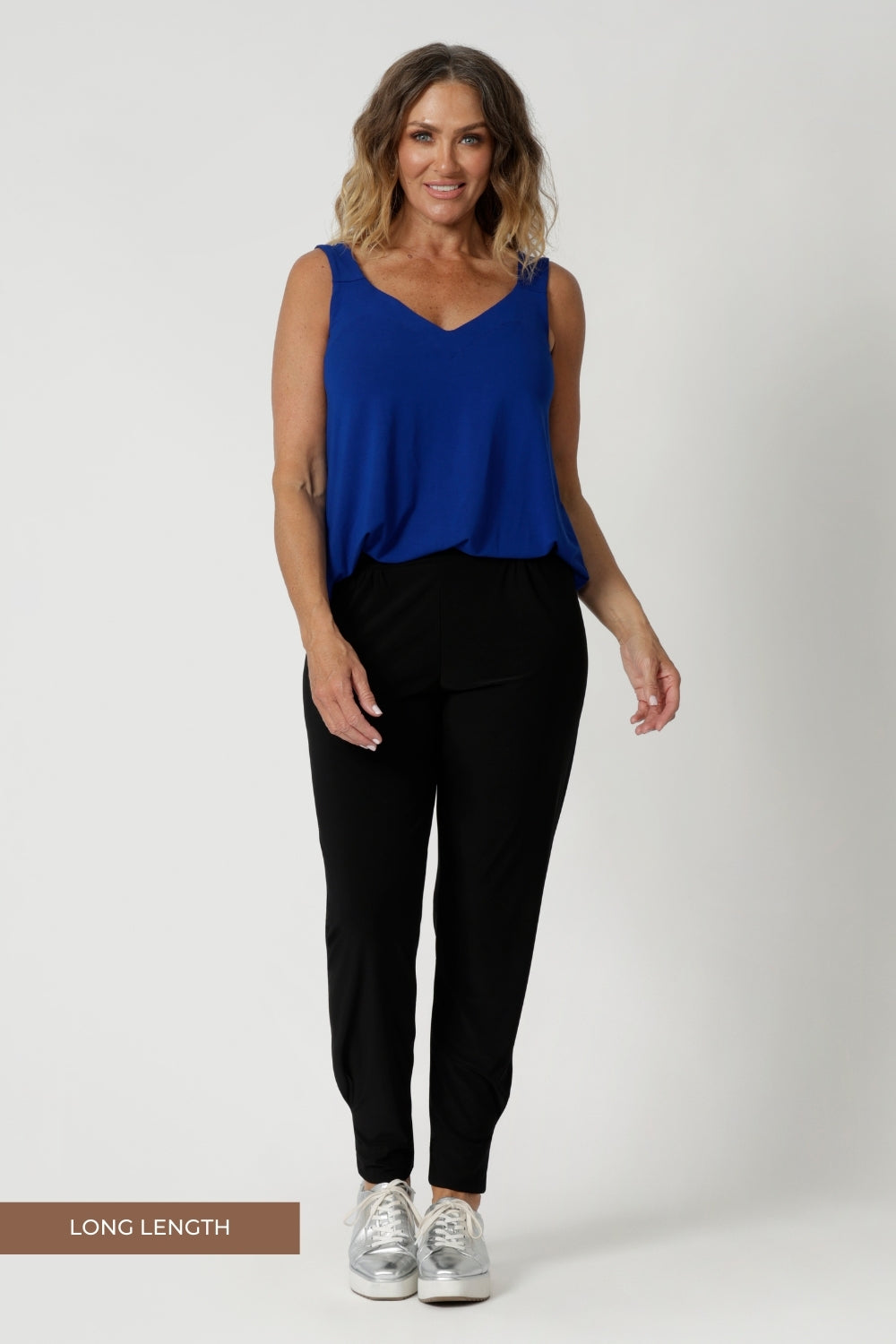 Great pants for travel, these dropped crotch, cropped leg, single seam black pants are made stretchy jersey for ultimate comfort. Casual pants for your travel and capsule wardrobe now available in sizes 8-24 and in 2 heights.