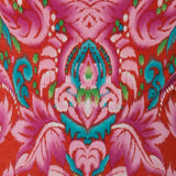 The Indian Summer print is on a lightweight Crepe Jersey that has a soft texture and stretch. The vibrant print colours are in shades of red, orange, pink, blue, green and white. This easy care fabric has a soft stretch and has been used to create summer ready collection of tops, pants & dresses.