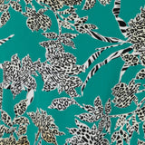 Swatch image of Jade Safari print used to create a collection of weekend and off duty garments for women in Australia and New Zealand in sizes 8-24. The Jade Safari print is on jade coloured dry touch jersey with animal print details. 