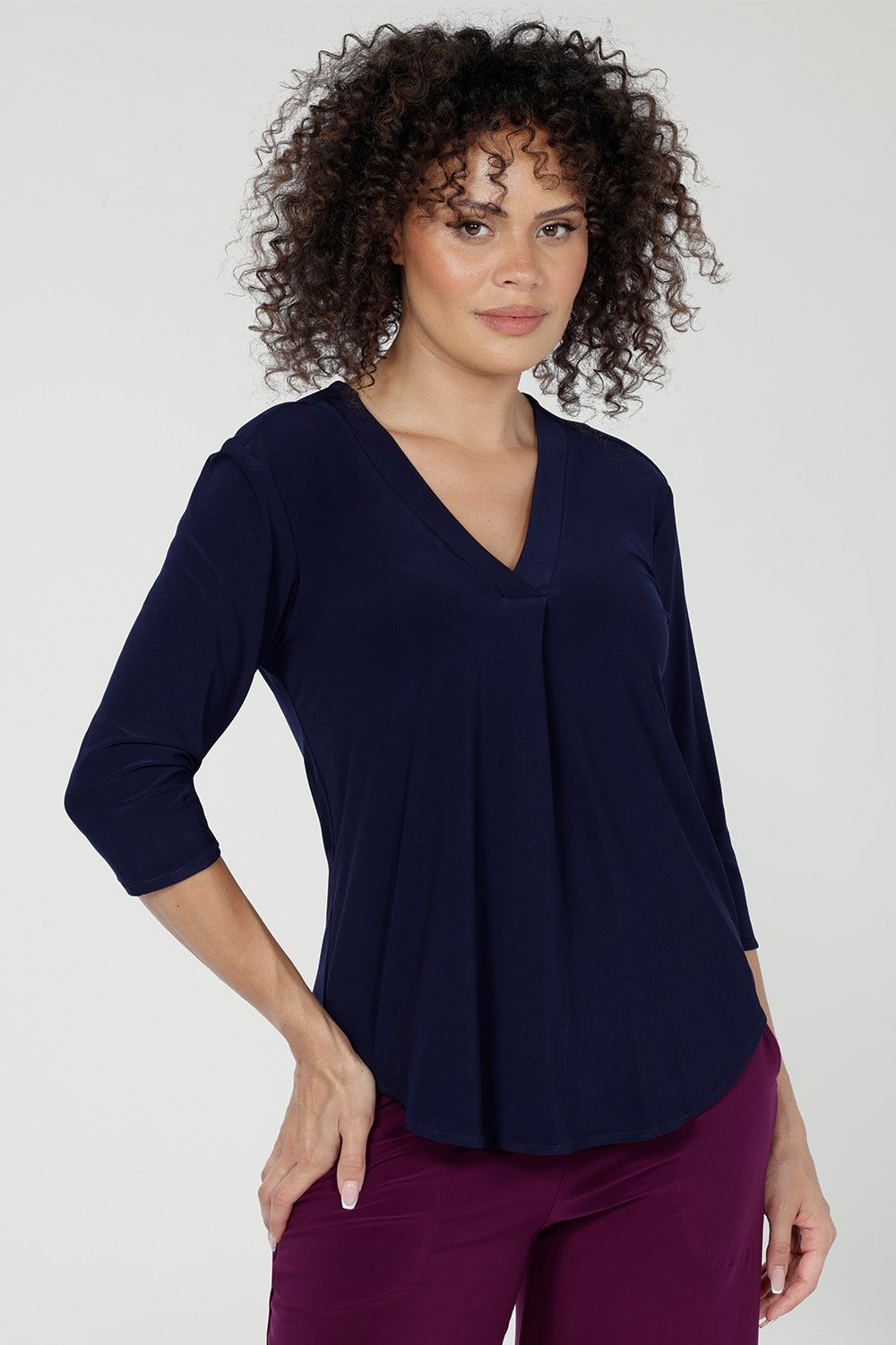 The Jaime top is our version of the perfect collarless tailored shirt that transitions beautifully from work to weekend. Crafted from our premium dry-touch jersey base that as soft stretch.