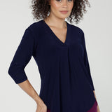 The Jaime top is our version of the perfect collarless tailored shirt that transitions beautifully from work to weekend. Crafted from our premium dry-touch jersey base that as soft stretch.