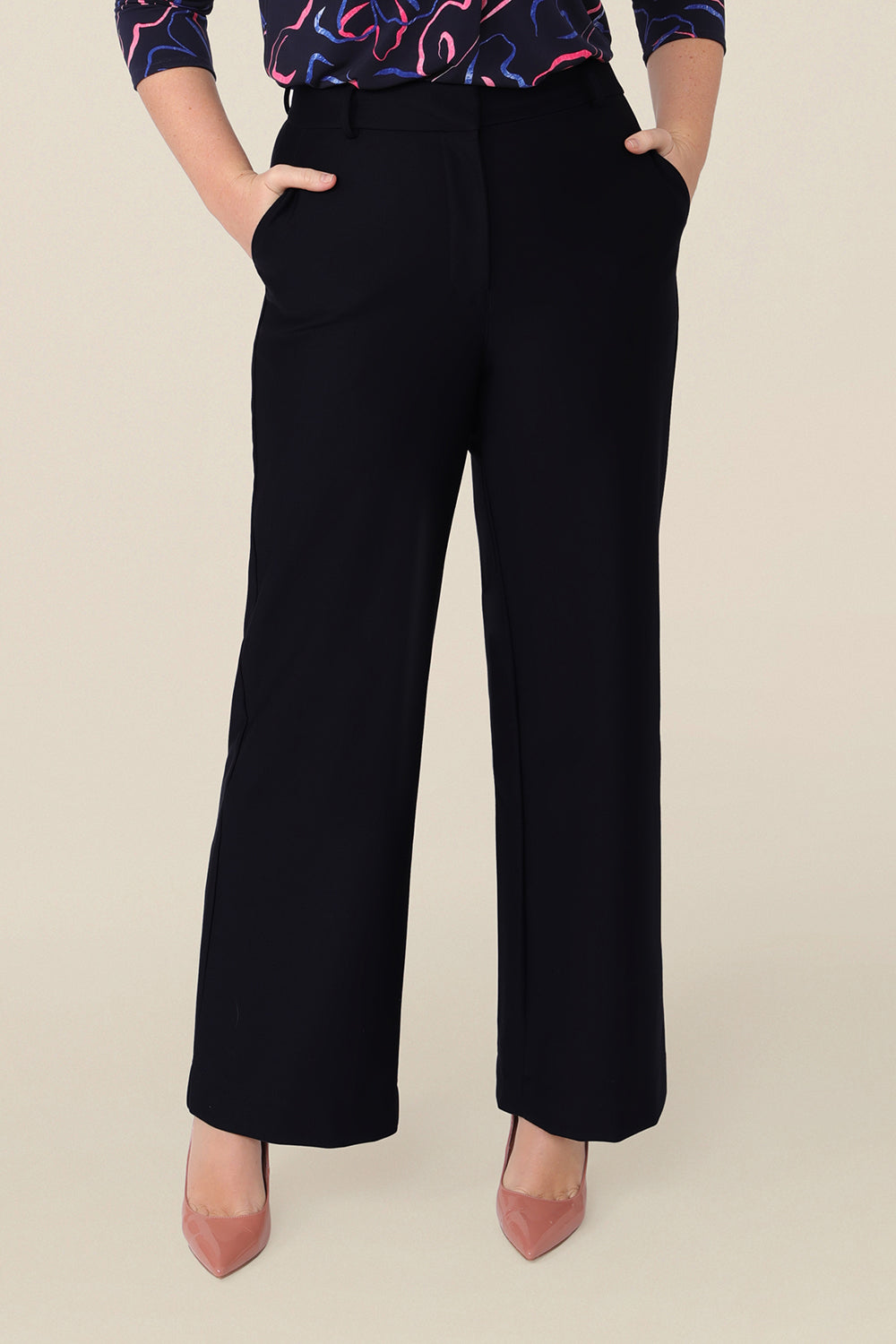 Great workwear trousers, these wide leg, tailored pants in Navy are shown in a size 12 and are styled for easy office style. Australian made by Australian and New Zealand women's pants experts,L&F, these easy-care pants are comfortable for work and corporate wear.
