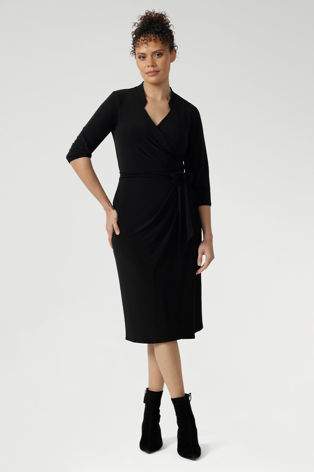 Crafted from our signature dry-touch stretch jersey fabric, the Jett Dress is a sophisticated wrap dress, tailored for a corporate or event setting and featuring a modern angular collar detail adds an edgy look to your work wear style. Available in Size 8-24 and Proudly Made in Australia.